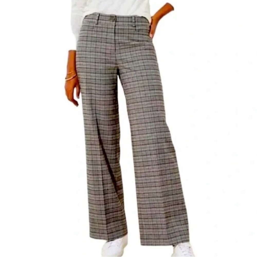 LOFT wide leg high waist flat front brushed plaid trousers. Size 6
